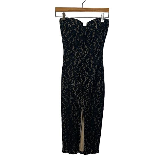 GLAMAZON Women's Black Tan Strapless Tube Top Dress Midi Front Slit Size Small - Picture 1 of 9